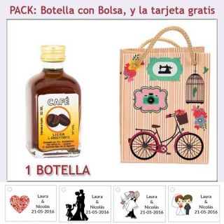 Botellita de Licor de Café con bolsa vintage con bicicleta y tarjeta