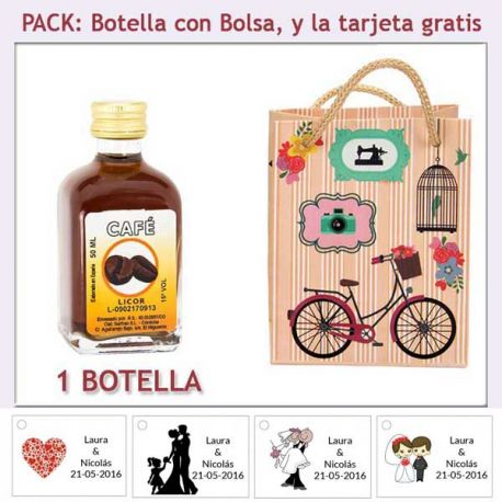Botellita de Licor de Café con bolsa vintage con bicicleta y tarjeta