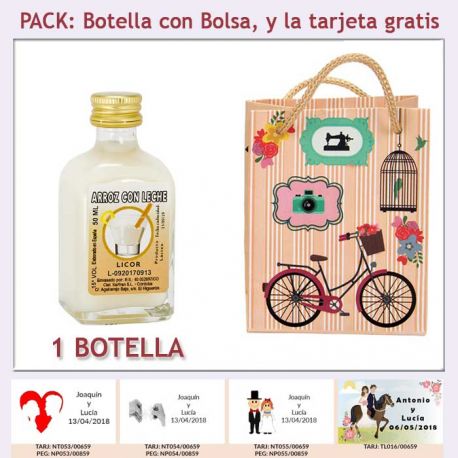 Botellita de Licor de Arroz con Leche con bolsa vintage con bicicleta y tarjeta