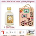 Botellita de Licor de Arroz con Leche con bolsa vintage con bicicleta y tarjeta