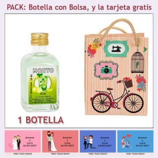 Botellita de Ron Mojito con bolsa vintage con bicicleta y tarjeta