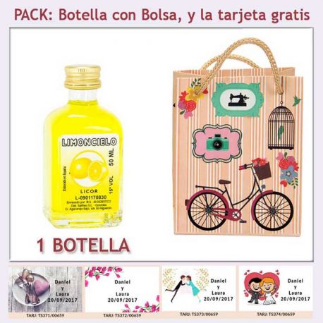 Botellita de Limoncielo con bolsa vintage con bicicleta y tarjeta