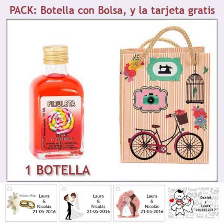 Botellita de Licor Piruleta con bolsa vintage con bicicleta y tarjeta