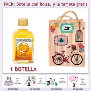 Botellita de Licor de Mandarina con bolsa vintage con bicicleta y tarjeta