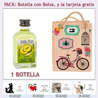 Botellita de Licor de Melón con bolsa vintage con bicicleta y tarjeta