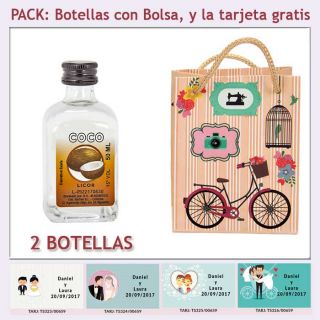 Botellita de Licor de Coco con bolsa vintage con bicicleta y tarjeta