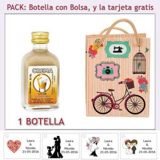 Botellita de Licor de Crema con bolsa vintage con bicicleta y tarjeta