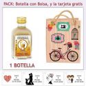 Botellita de Licor de Crema con bolsa vintage con bicicleta y tarjeta