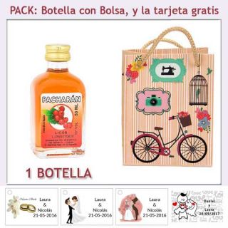 Botellita de Pacharán con bolsa vintage con bicicleta y tarjeta