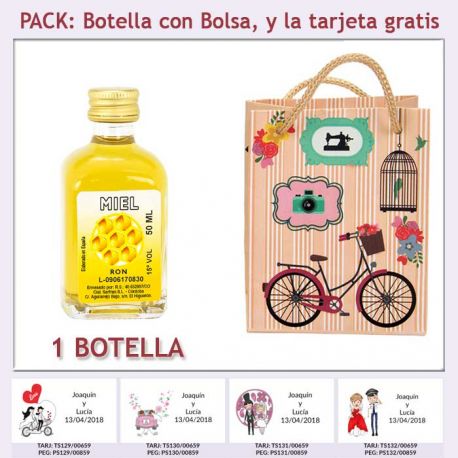 Botellita de Ron Miel con bolsa vintage con bicicleta y tarjeta
