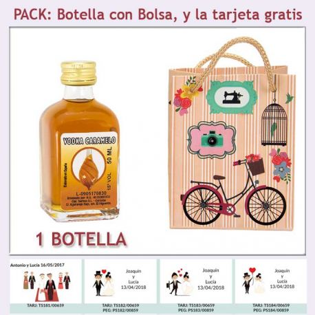 Botellita de Vodka Caramelo con bolsa vintage con bicicleta y tarjeta