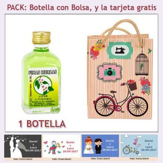 Botellita de Licor de Finas Hierbas con bolsa vintage con bicicleta y tarjeta