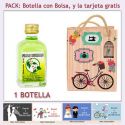 Botellita de Licor de Finas Hierbas con bolsa vintage con bicicleta y tarjeta