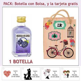 Botellita de Ginebra de Mora con bolsa vintage con bicicleta y tarjeta