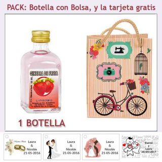 Botellita de Ginebra de Fresa con bolsa vintage con bicicleta y tarjeta