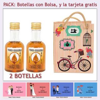 2 Botellitas de Licor de Vodka Caramelo con bolsa vintage con bicicleta y tarjeta
