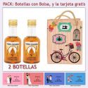 2 Botellitas de Licor de Vodka Caramelo con bolsa vintage con bicicleta y tarjeta