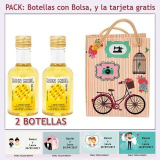 2 Botellitas de Ron Miel con bolsa vintage con bicicleta y tarjeta