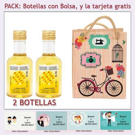 2 Botellitas de Ron Miel con bolsa vintage con bicicleta y tarjeta