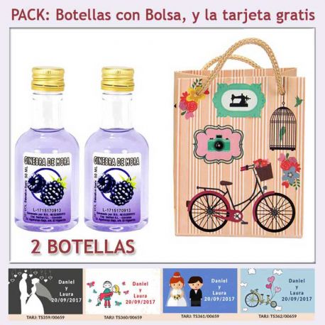 2 Botellitas de Ginebra de Mora con bolsa vintage con bicicleta y tarjeta
