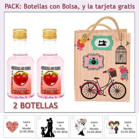 2 Botellitas de Ginebra de Fresa con bolsa vintage con bicicleta y tarjeta
