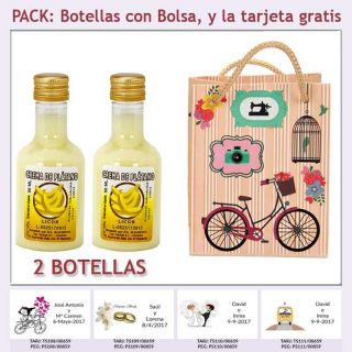 2 Botellitas de Licor de Crema de Plátano con bolsa vintage con bicicleta y tarjeta