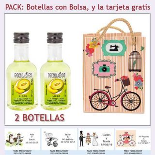 2 Botellitas de Licor de Melón con bolsa vintage con bicicleta y tarjeta