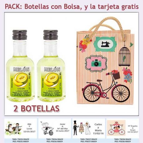 2 Botellitas de Licor de Melón con bolsa vintage con bicicleta y tarjeta