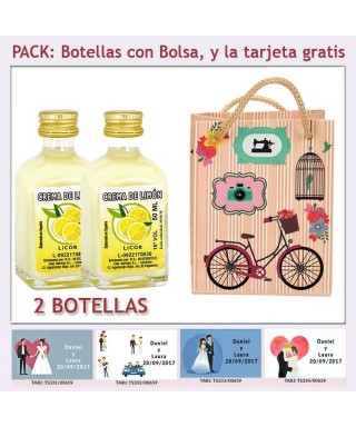 2 Botellitas de Crema de Limón con bolsa vintage con bicicleta y tarjeta