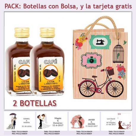 2 Botellitas de Licor de Café con bolsa vintage con bicicleta y tarjeta