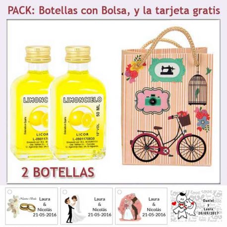 2 Botellitas de Limoncielo con bolsa vintage con bicicleta y tarjeta