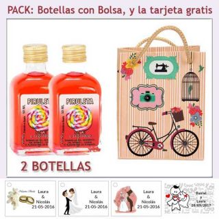 2 Botellitas de Licor Piruleta con bolsa vintage con bicicleta y tarjeta
