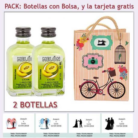 2 Botellitas de Licor de Melón con bolsa vintage con bicicleta y tarjeta