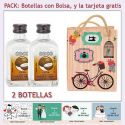 2 Botellitas de Licor de Coco con bolsa vintage con bicicleta y tarjeta