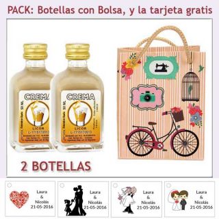 2 Botellitas de Licor de Crema con bolsa vintage con bicicleta y tarjeta