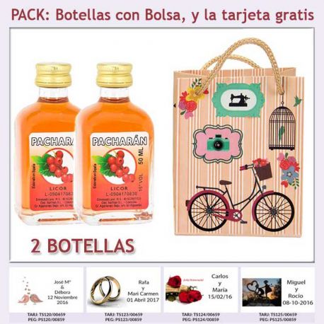 2 Botellitas de Pacharán con bolsa vintage con bicicleta y tarjeta