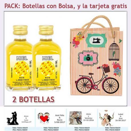 2 Botellitas de Ron Miel con bolsa vintage con bicicleta y tarjeta