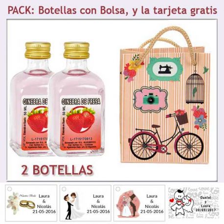 2 Botellitas de Ginebra de Fresa con bolsa vintage con bicicleta y tarjeta