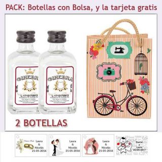 2 Botellitas de Ginebra Blanca con bolsa vintage con bicicleta y tarjeta