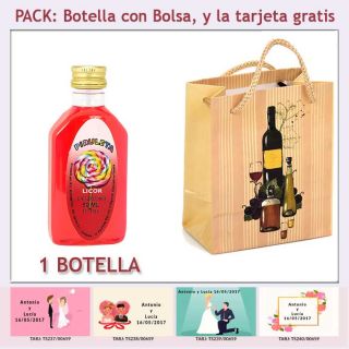 Botellita de Licor de Piruleta con bolsa “bodegón” y tarjeta