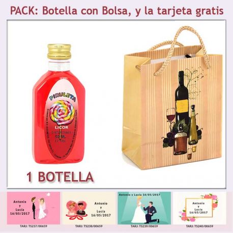 Botellita de Licor de Piruleta con bolsa “bodegón” y tarjeta