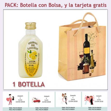 Botellita de Licor de Crema de Limón con bolsa “bodegón” y tarjeta