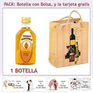 Botellita de Vodka Caramelo con bolsa “bodegón” y tarjeta