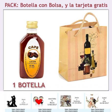 Botellita de Licor de Café con bolsa “bodegón” y tarjeta
