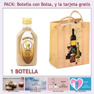 Botellita de Licor Crema con bolsa “bodegón” y tarjeta