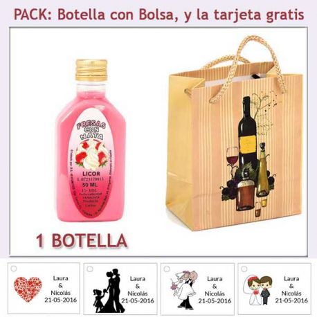 Botellita de Licor de Fresas con Nata con bolsa “bodegón” y tarjeta