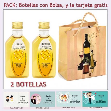 2 Botellitas de Ron Miel con bolsa “bodegón” y tarjeta