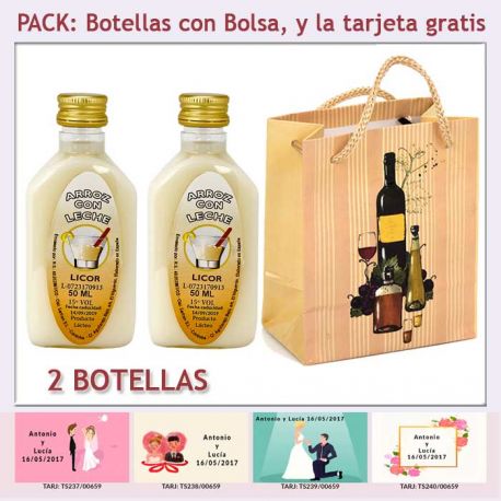2 Botellitas de Licor de Arroz con Leche con bolsa “bodegón” y tarjeta