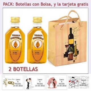 2 Botellitas de Vodka Caramelo con bolsa “bodegón” y tarjeta