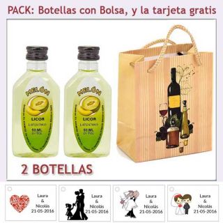 2 Botellitas de Licor de Melón con bolsa “bodegón” y tarjeta